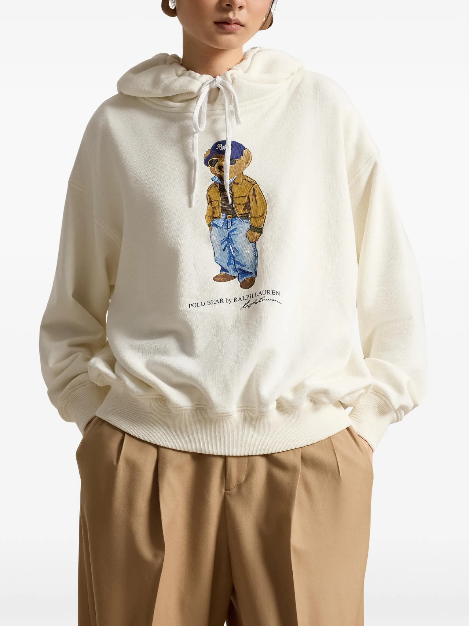 RALPH LAUREN WOMEN Polo Bear Lightweight Fleece Hoodie Warm White