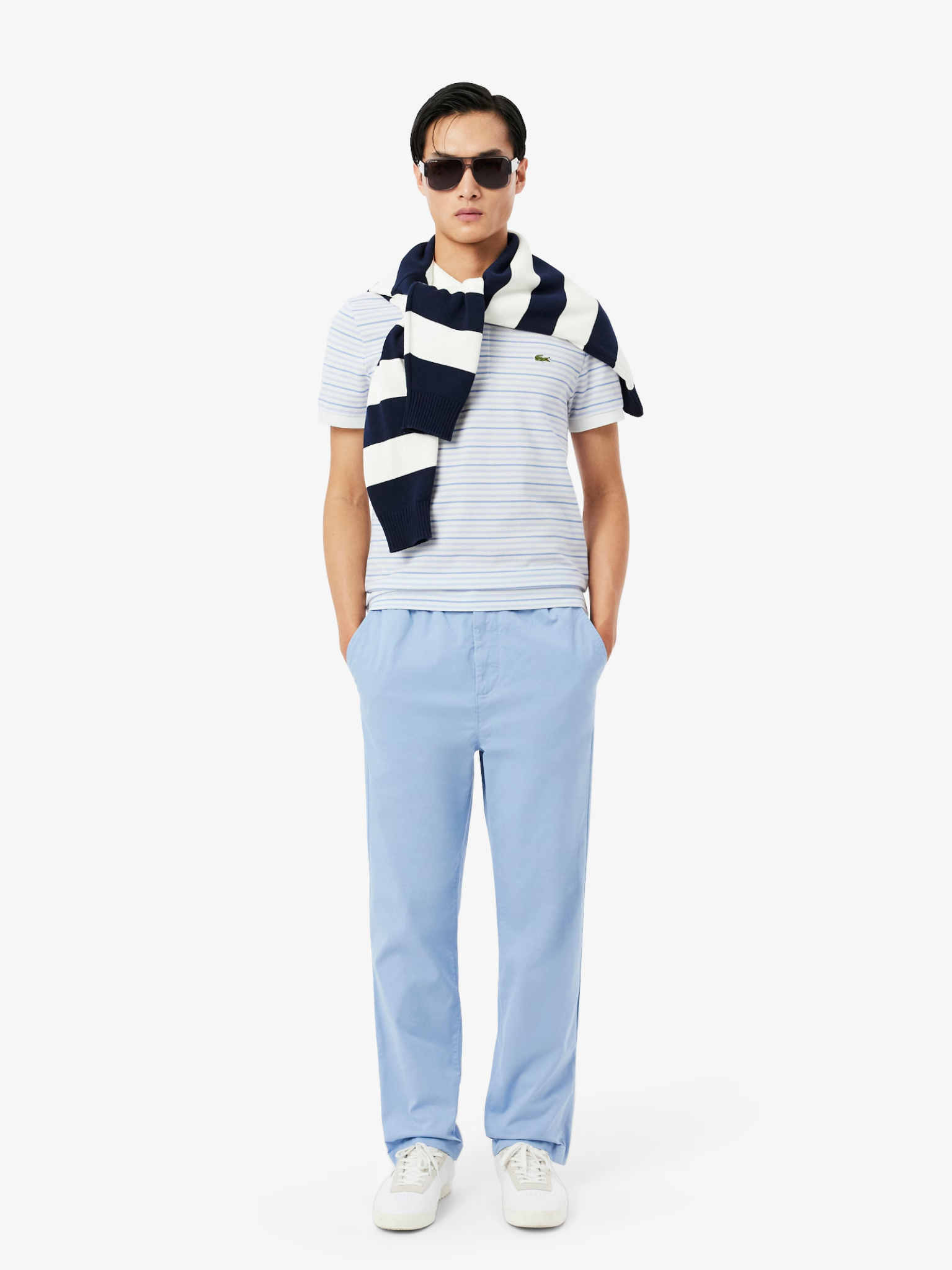LACOSTE Classic Fit Striped Petit Piqué Polo Shirt Light Blue/White