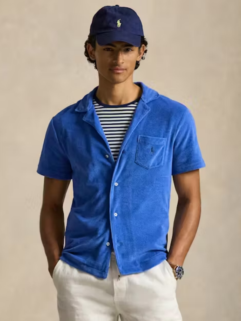 RALPH LAUREN Custom Slim Fit Terry Camp Shirt Modern Royal