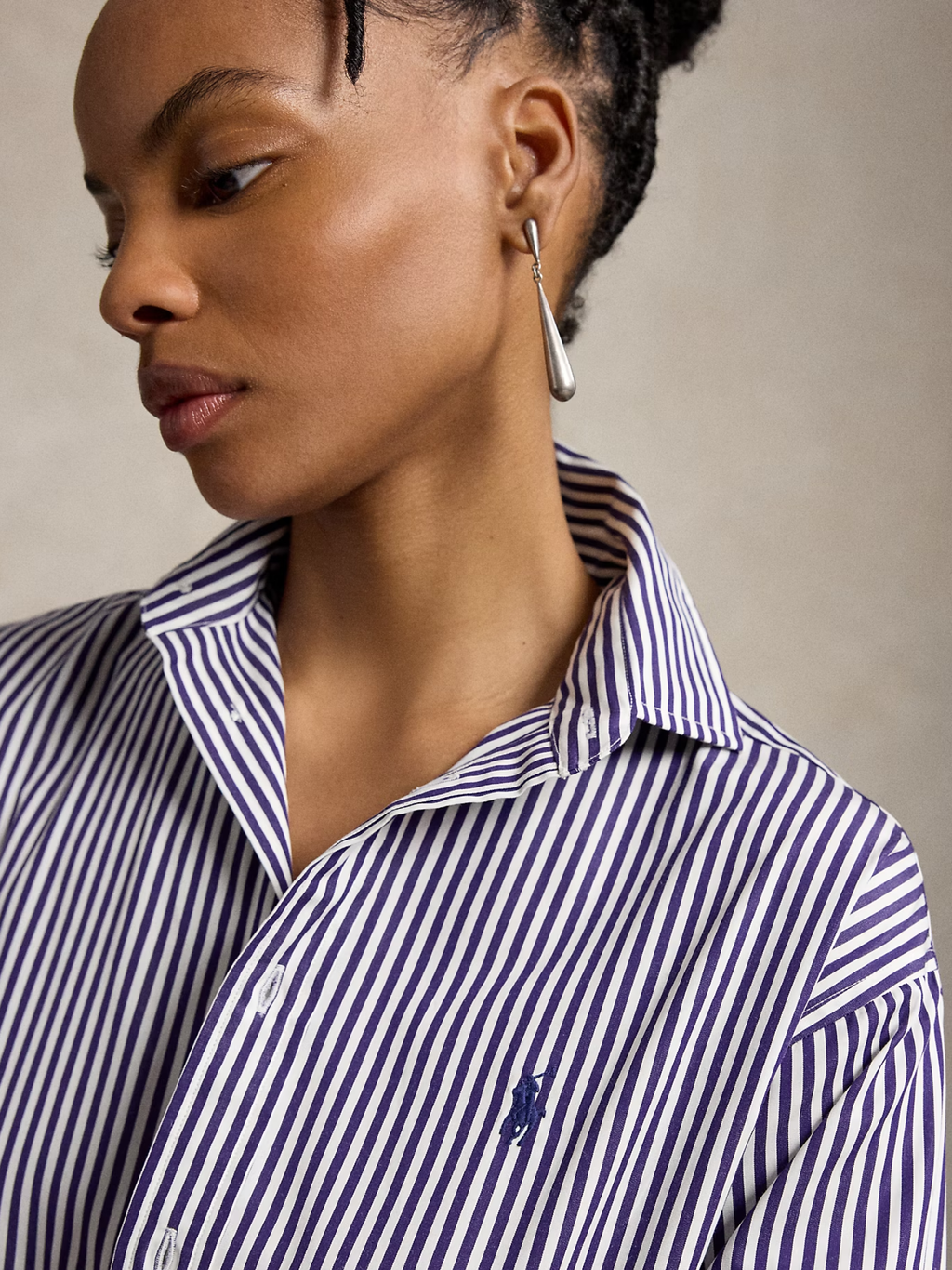 RALPH LAUREN WOMEN Relaxed Fit Striped Cotton Shirt Champion Purple/White