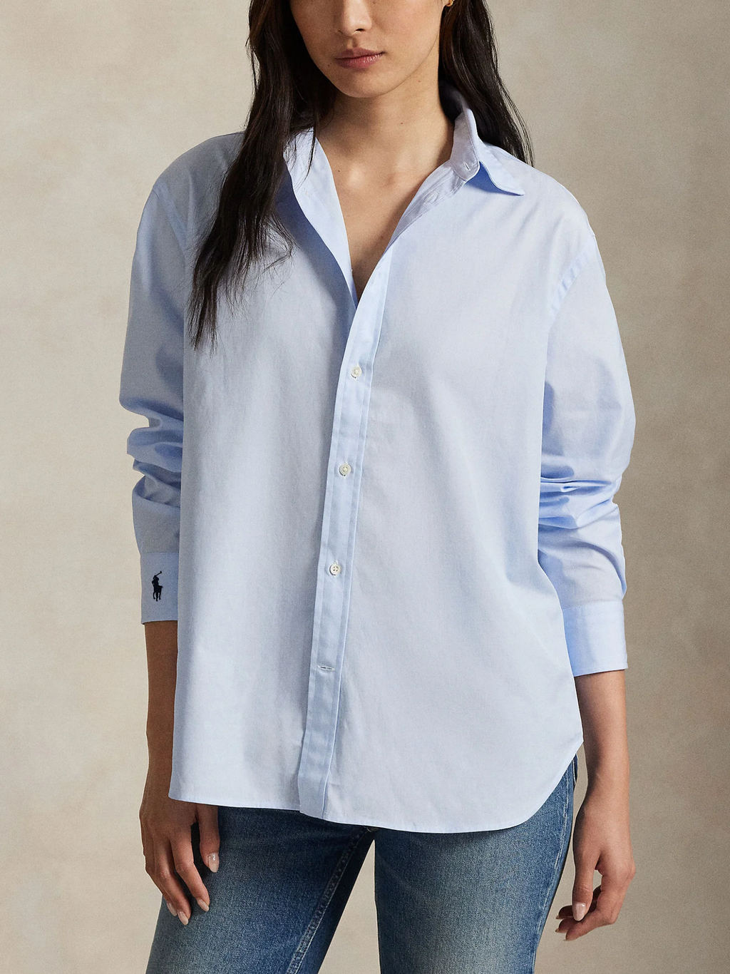 RALPH LAUREN WOMEN End-on-End Oversize Fit Cotton Shirt Light Blue