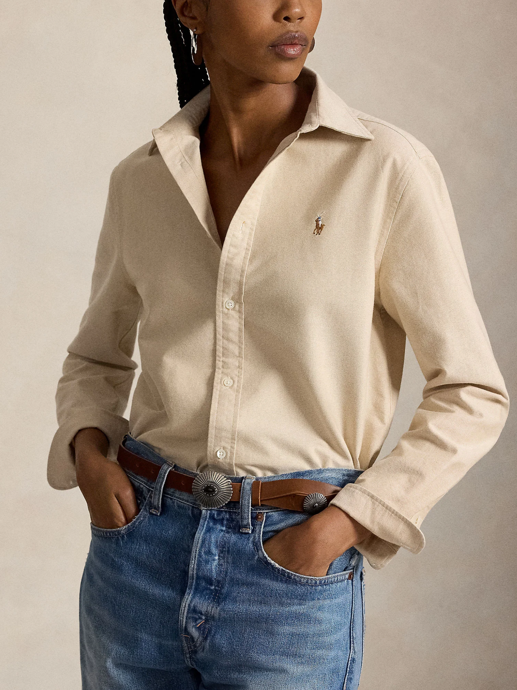 RALPH LAUREN WOMEN The Iconic Classic Fit Oxford Shirt Tan