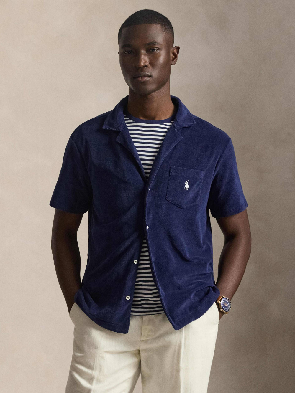 RALPH LAUREN Custom Slim Fit Terry Camp Shirt Navy