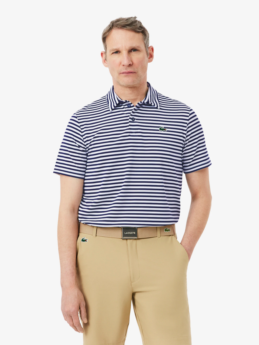 LACOSTE Regular Fit Ultra Dry Striped Golf Polo Shirt Navy Blue/White