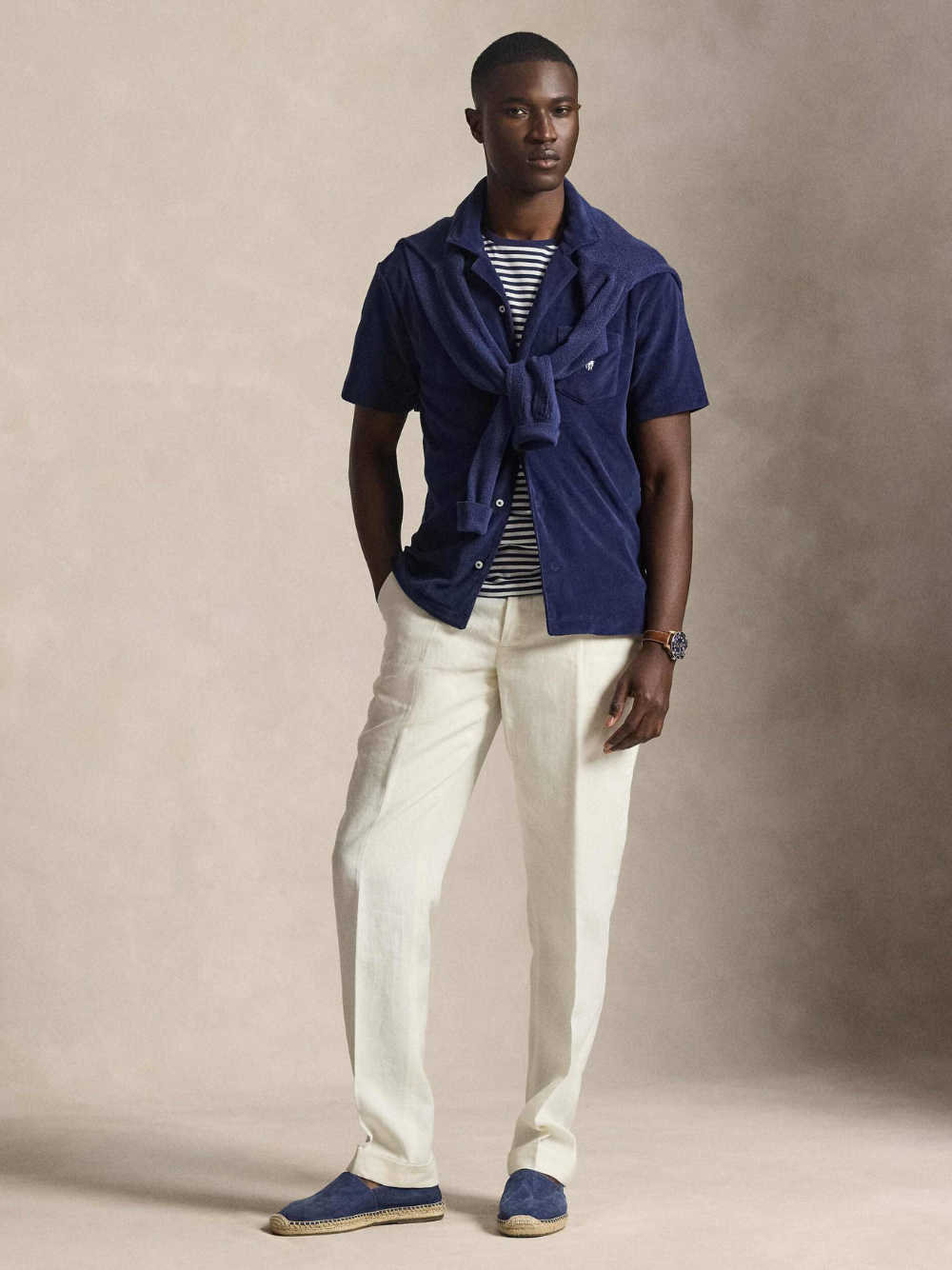 RALPH LAUREN Custom Slim Fit Terry Camp Shirt Navy