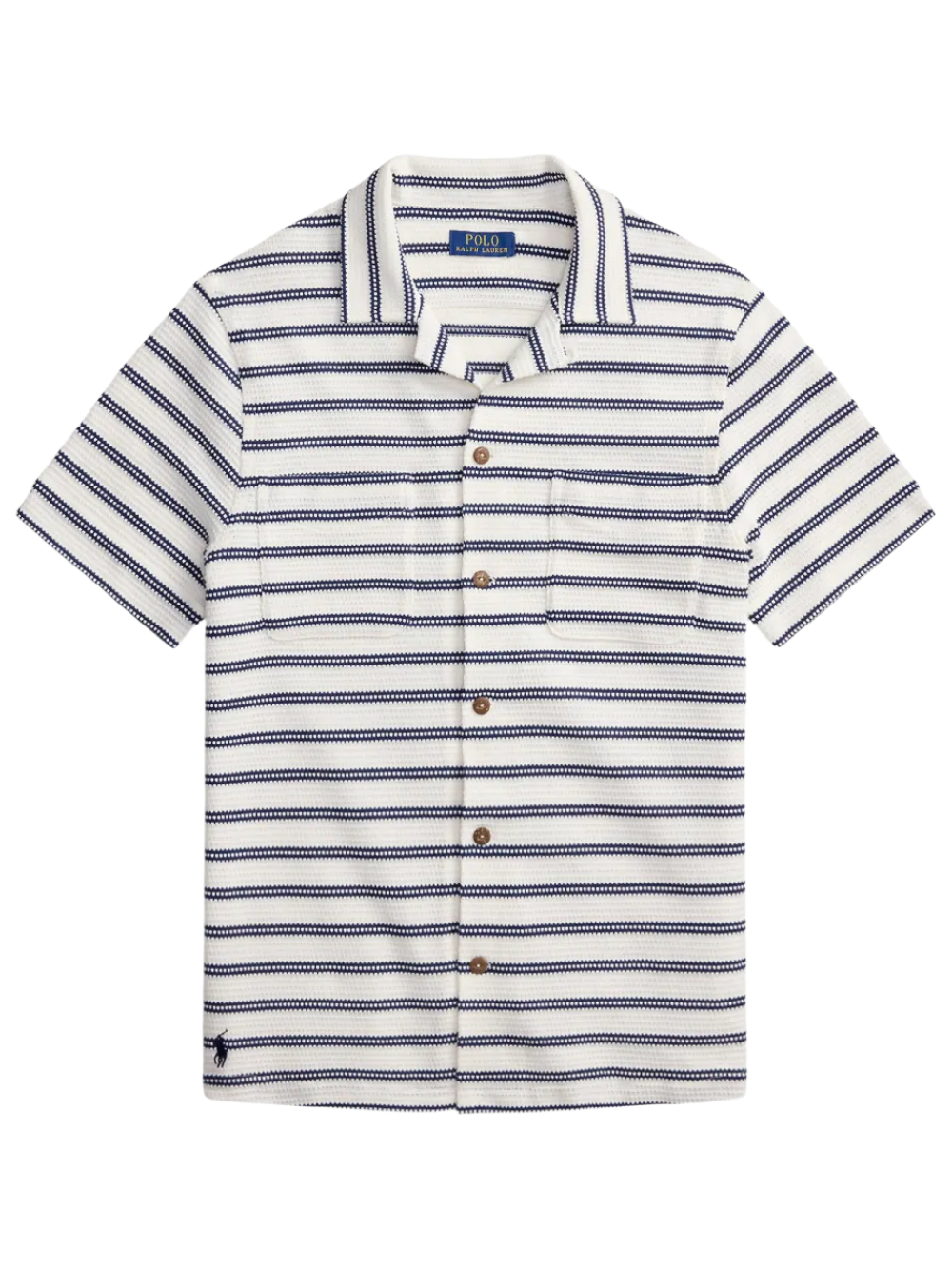RALPH LAUREN Striped Pointelle-ribbed Camp Shirt Pale Cream/Navy