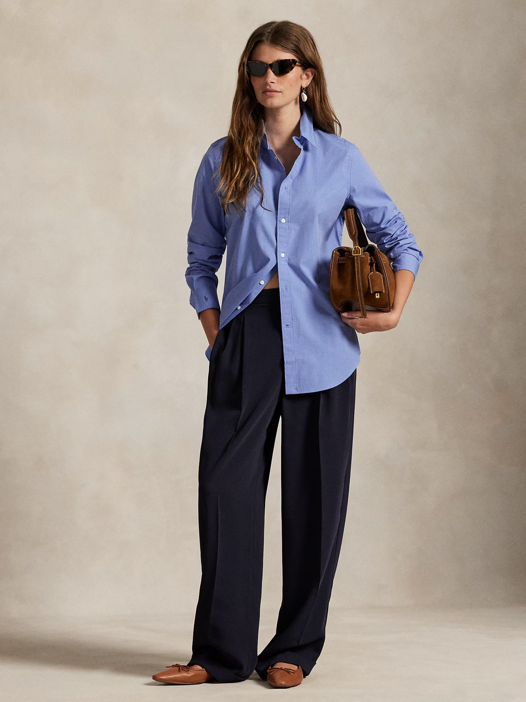 RALPH LAUREN WOMEN End-on-End Stretch Slim Fit Cotton Shirt Blue