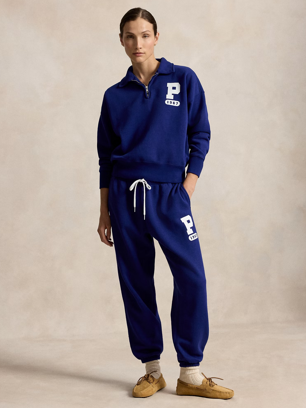 RALPH LAUREN WOMEN “P” Logo Slub Fleece Quarter-Zip Autumn Royal
