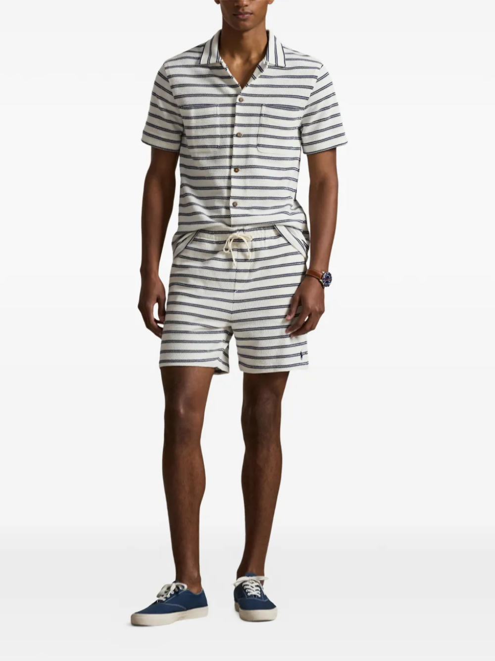 RALPH LAUREN Striped Pointelle-ribbed Camp Shirt Pale Cream/Navy
