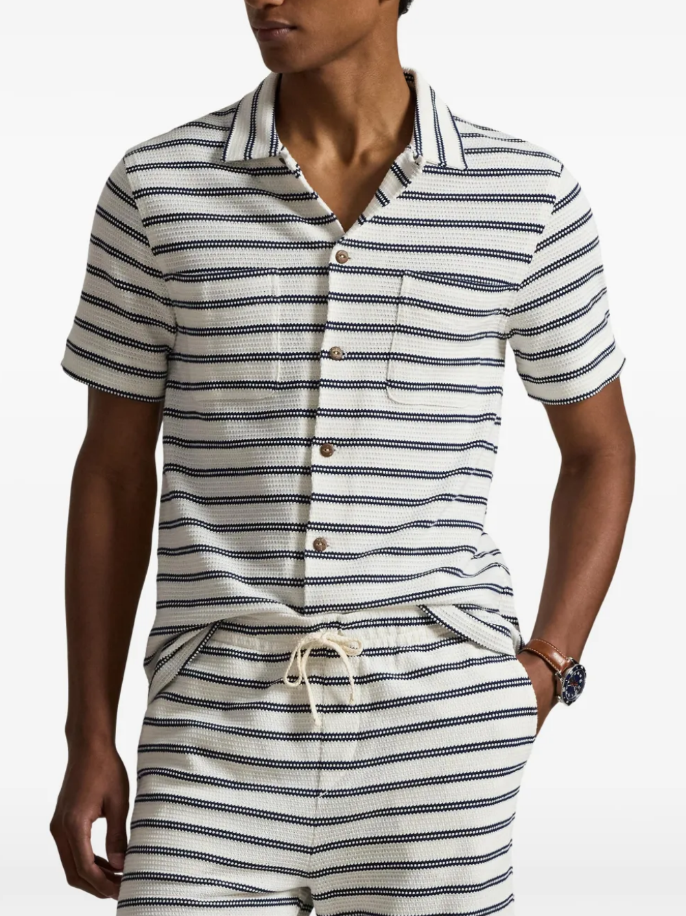 RALPH LAUREN Striped Pointelle-ribbed Camp Shirt Pale Cream/Navy
