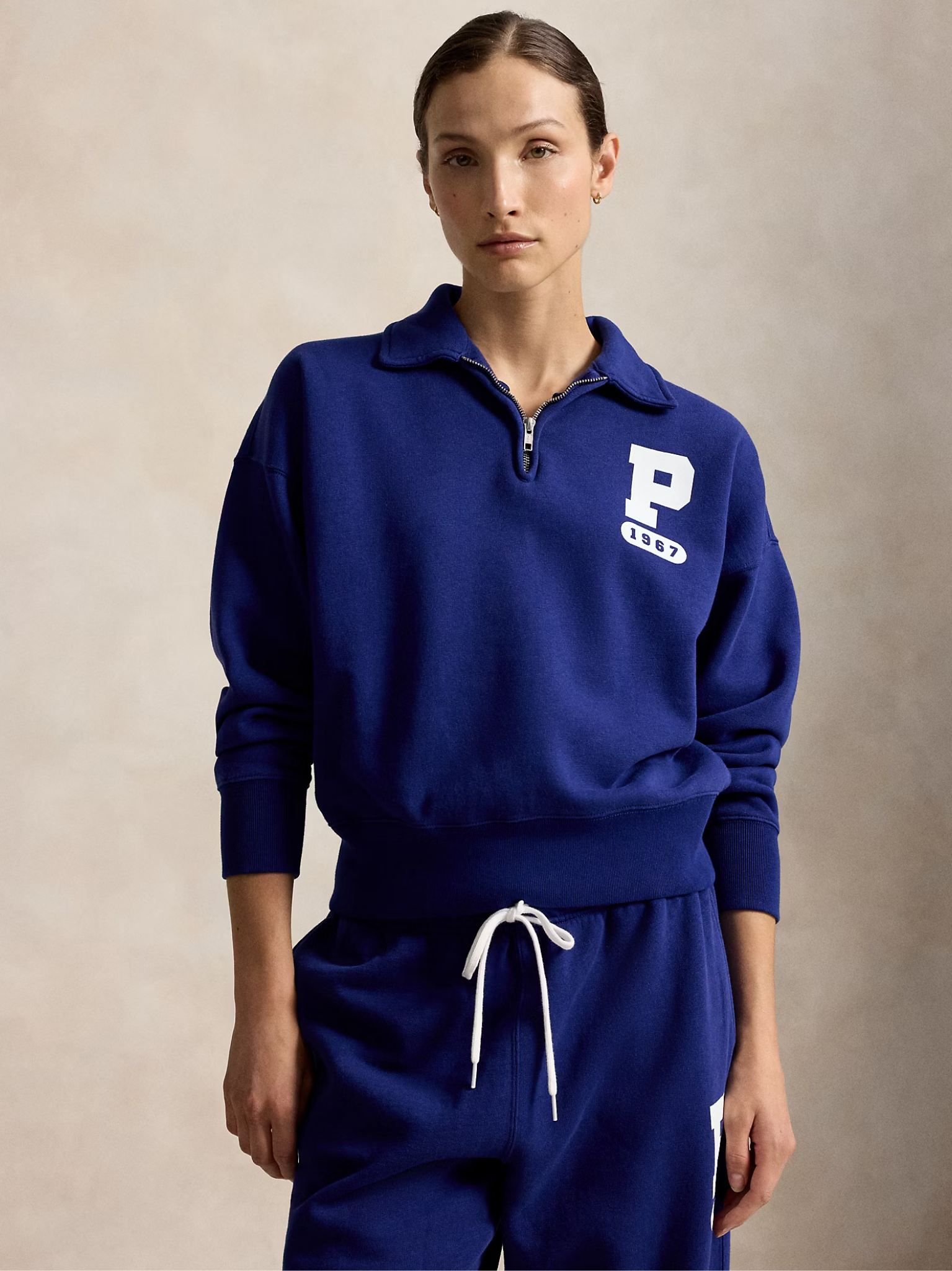 RALPH LAUREN WOMEN “P” Logo Slub Fleece Quarter-Zip Autumn Royal