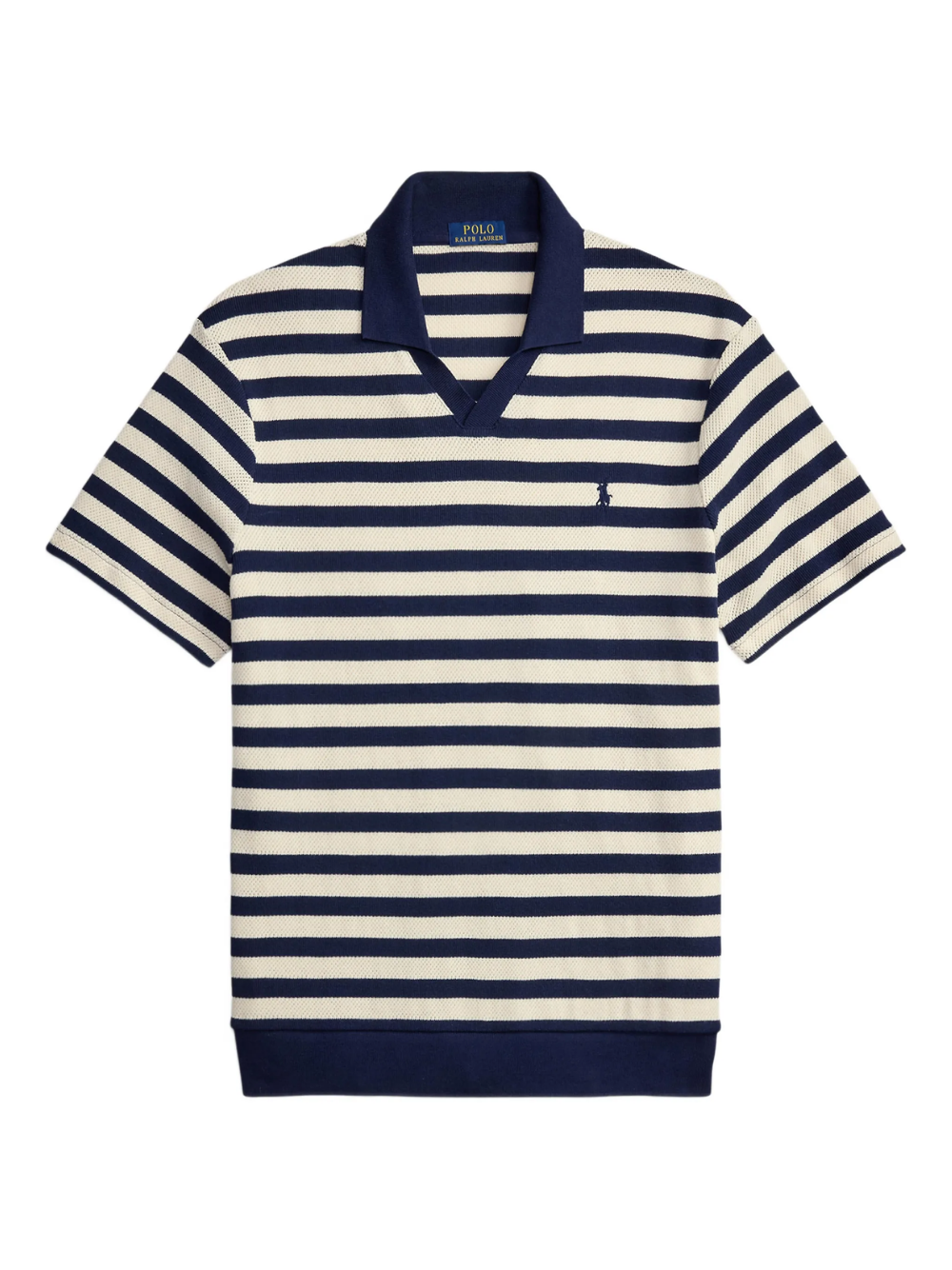 RALPH LAUREN Striped Pointelle-Ribbed Polo Shirt Newport Navy/Cream