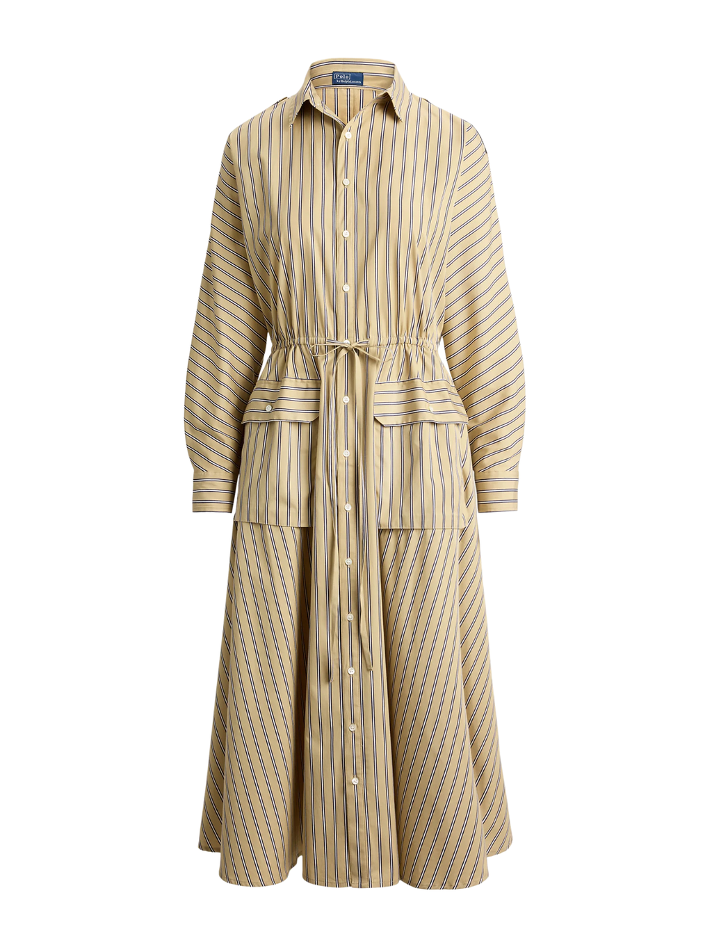 RALPH LAUREN WOMEN Striped Cotton Canvas Utility Shirt Dress Tan Royal Multi