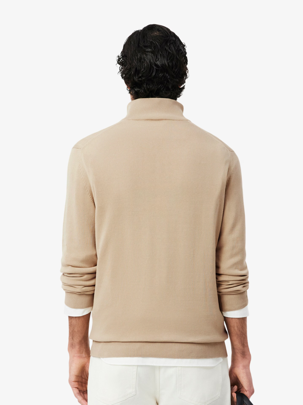 LACOSTE Zipped High Neck Cotton Sweater Beige