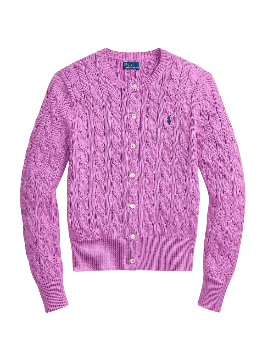 RALPH LAUREN WOMEN Cable-knit Cotton Crewneck Cardigan Thistle Pink