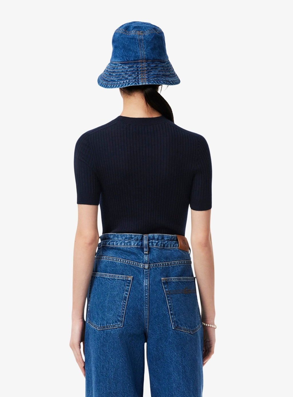 LACOSTE WOMEN Short Sleeved Merino Wool Rib Knit Sweater Midnight Blue