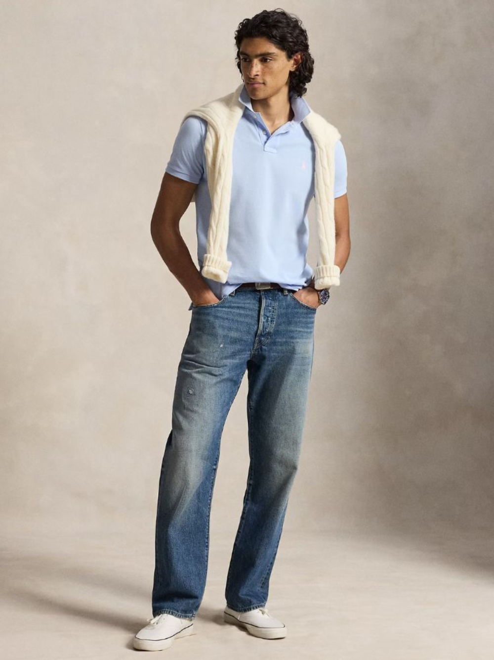 RALPH LAUREN The Iconic Custom Slim Fit Mesh Polo Pebble Blue