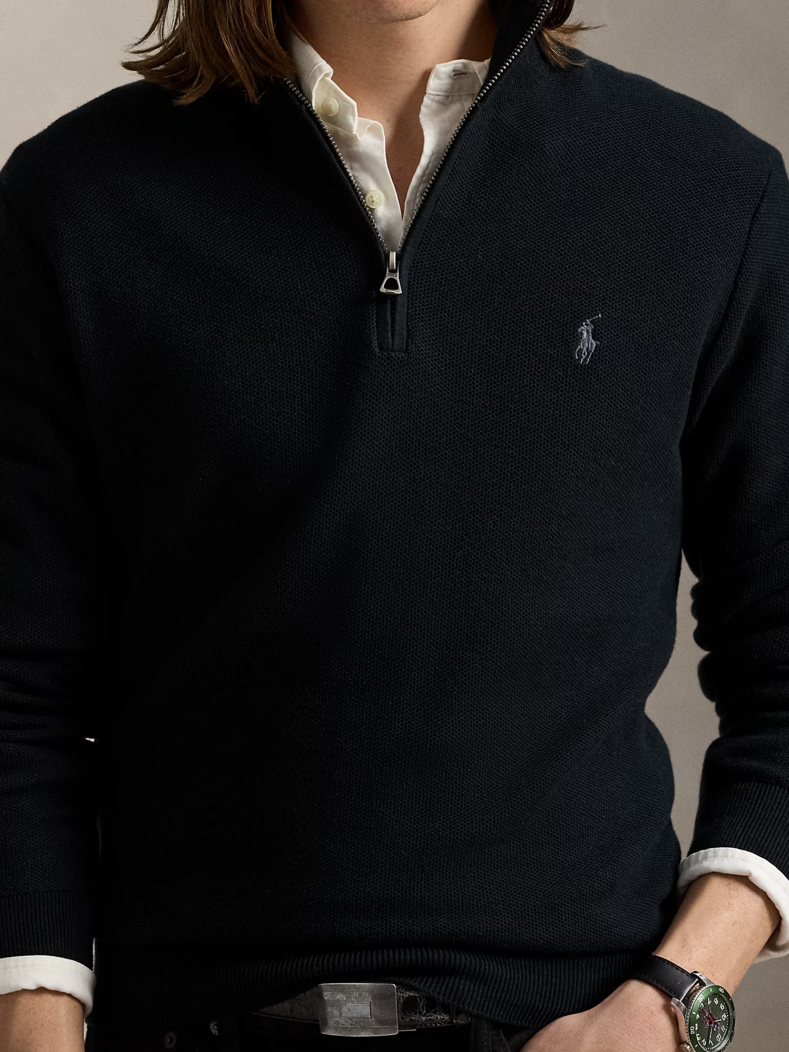 RALPH LAUREN Mesh-Knit Cotton Quarter-Zip Jumper Black