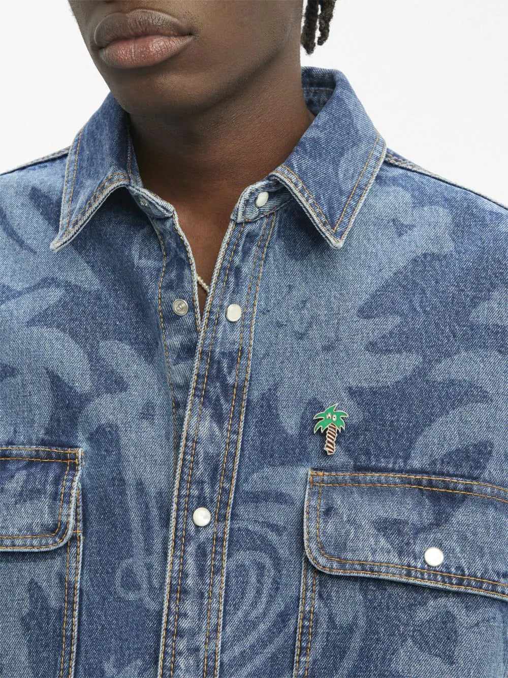 PALM ANGELS Palmity Allover Laser Denim Shirt Blue/Light Blue