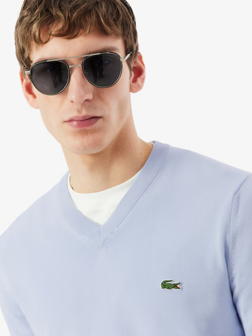 LACOSTE Monochrome Cotton V-neck Sweater Light Blue