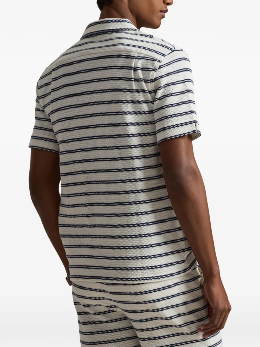 RALPH LAUREN Striped Pointelle-ribbed Camp Shirt Pale Cream/Navy