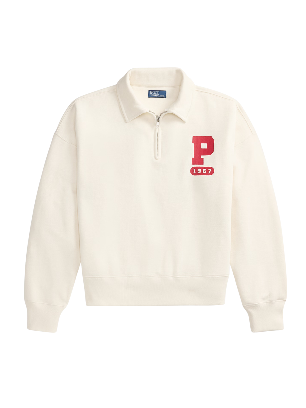 RALPH LAUREN WOMEN “P” Logo Slub Fleece Quarter-Zip Warm White