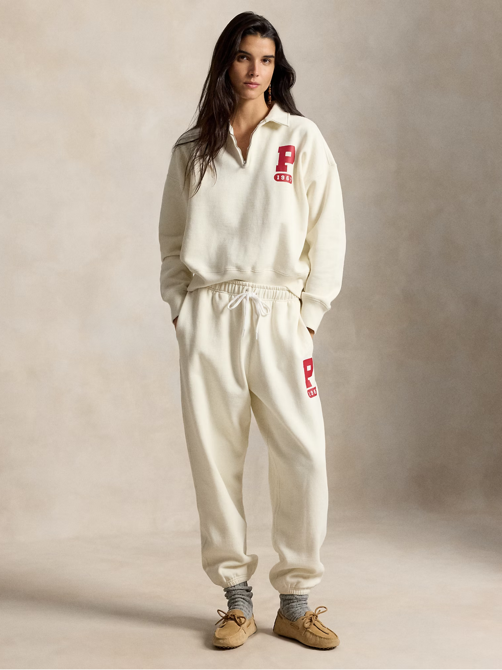 RALPH LAUREN WOMEN “P” Logo Slub Fleece Quarter-Zip Warm White