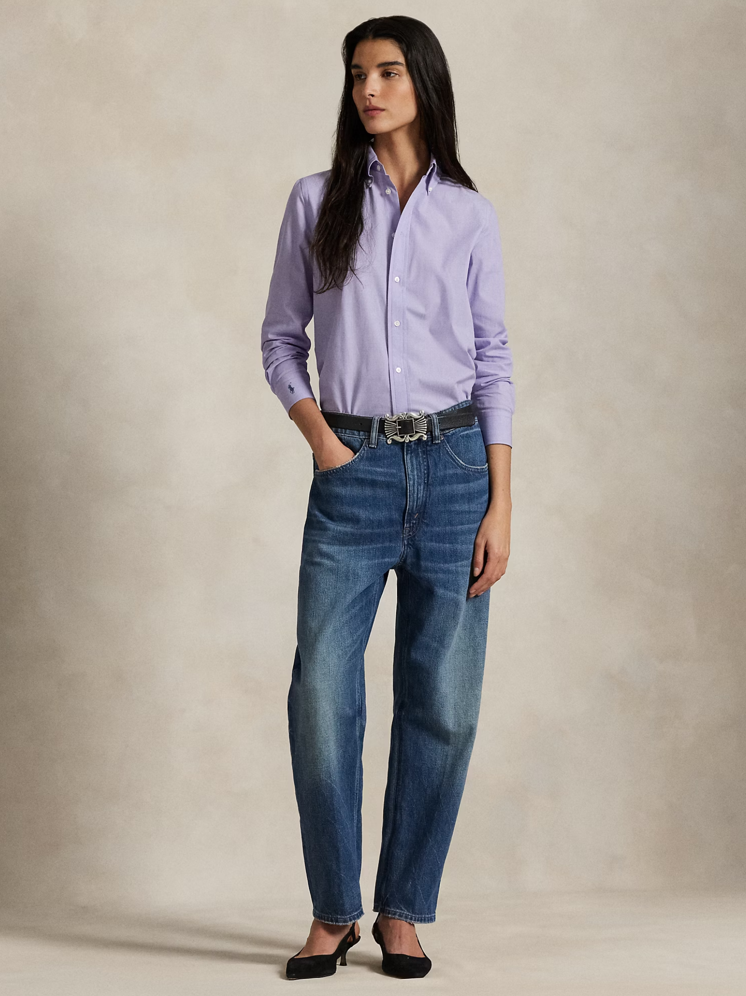 RALPH LAUREN WOMEN End-on-End Stretch Slim Fit Cotton Shirt Medium Purple
