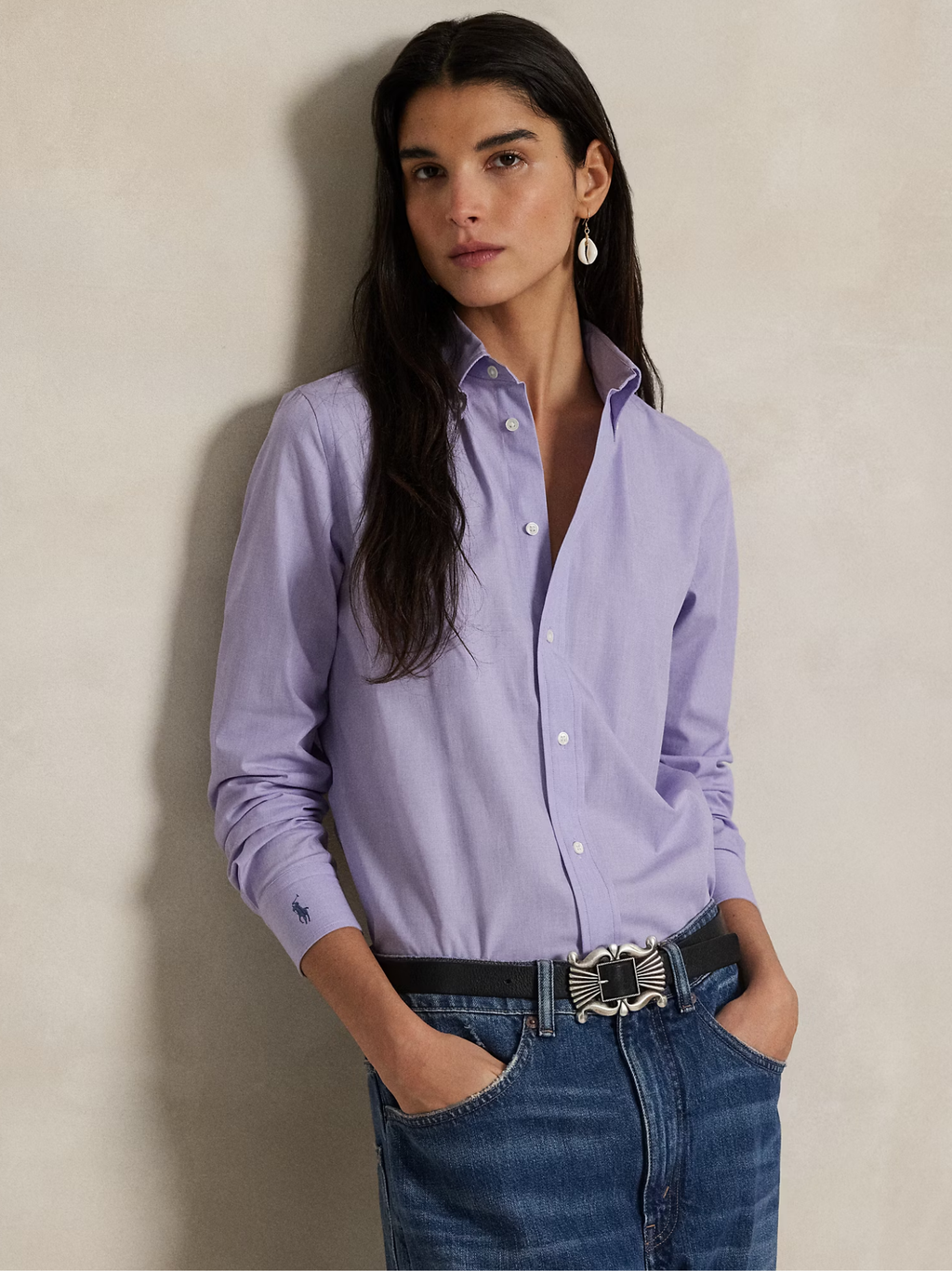 RALPH LAUREN WOMEN End-on-End Stretch Slim Fit Cotton Shirt Medium Purple