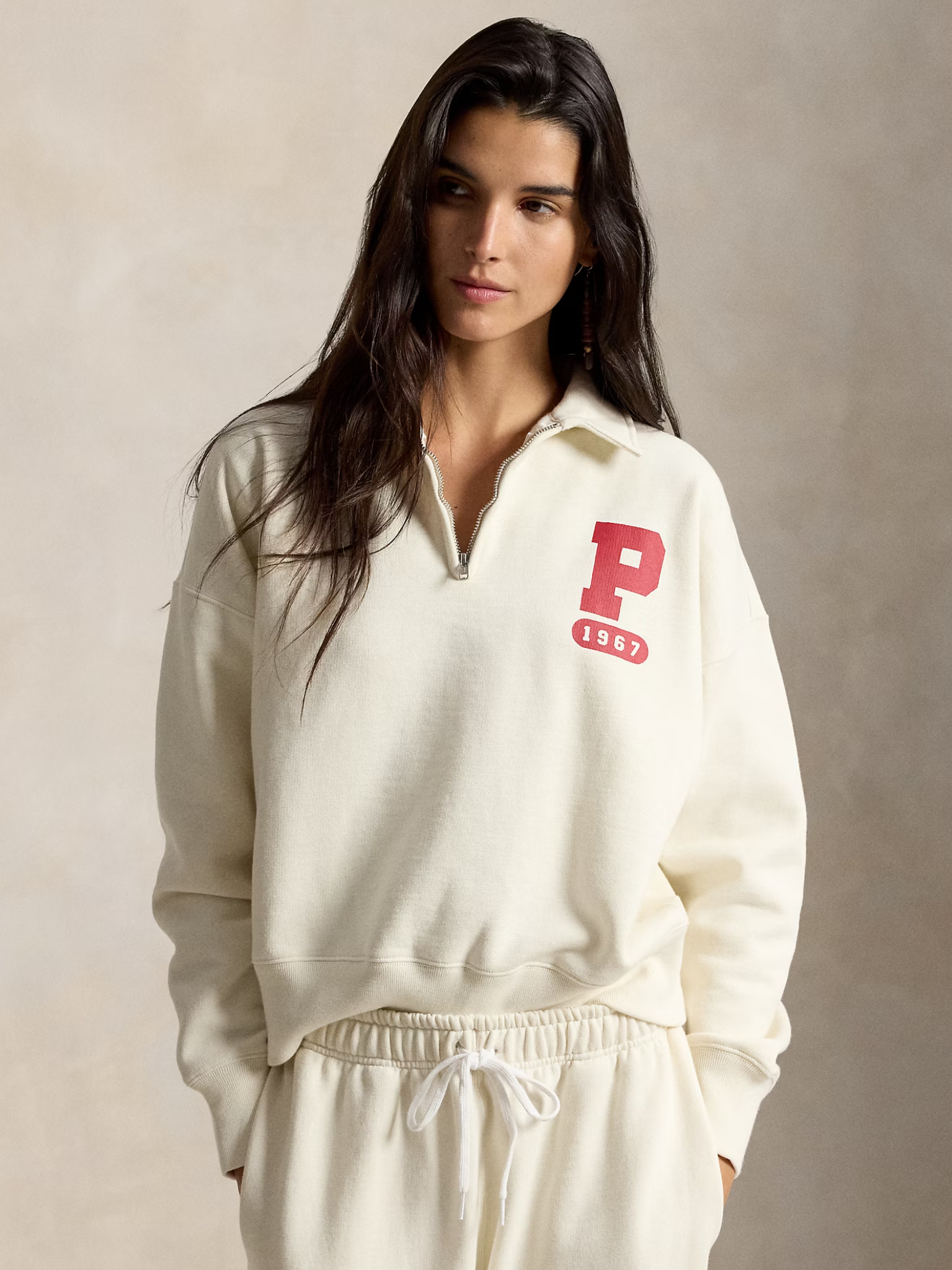 RALPH LAUREN WOMEN “P” Logo Slub Fleece Quarter-Zip Warm White