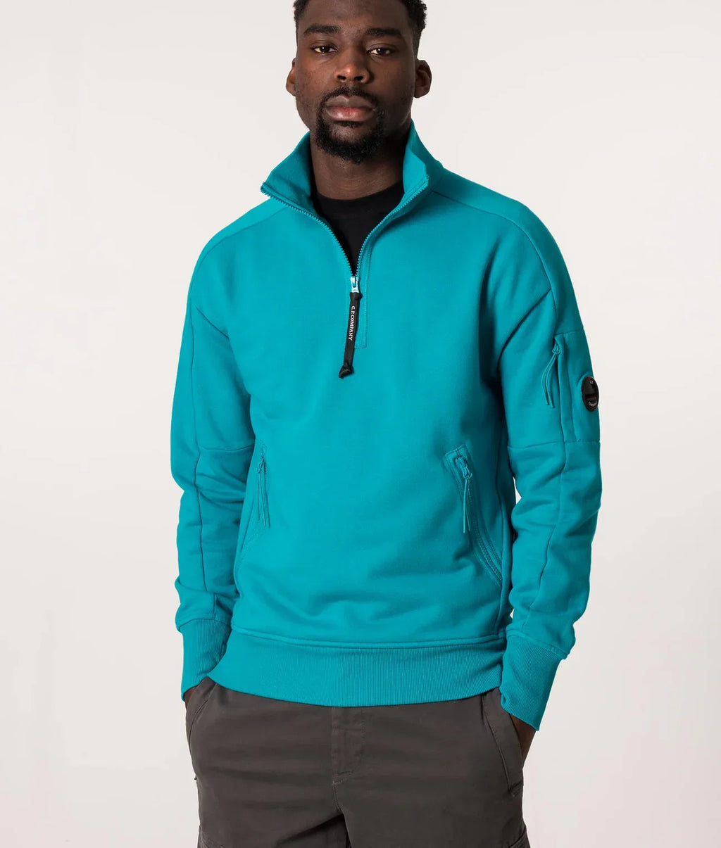 Cp Company Quarter Zip Polo Collar Sweatshirt In Tile Blue