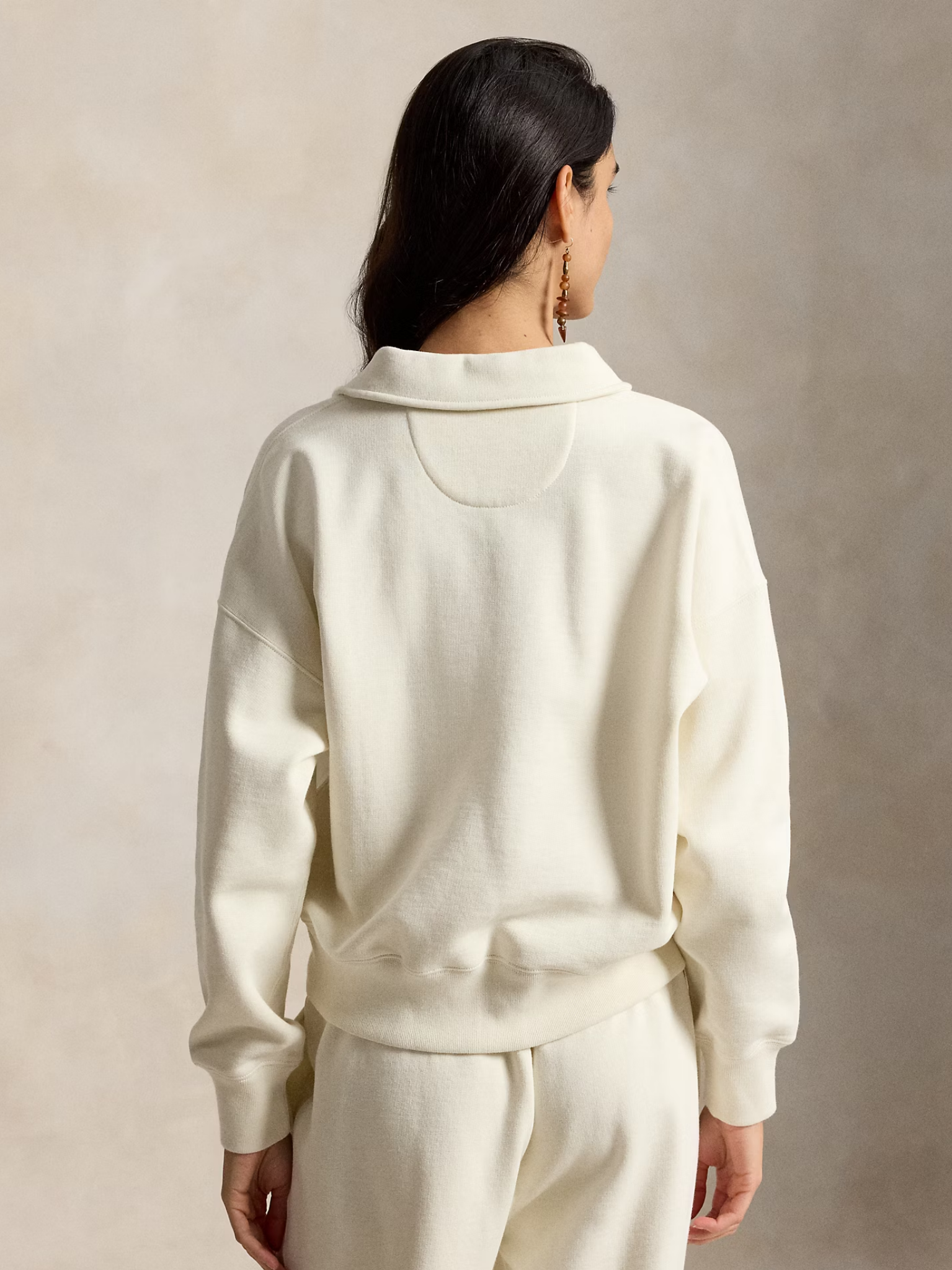 RALPH LAUREN WOMEN “P” Logo Slub Fleece Quarter-Zip Warm White