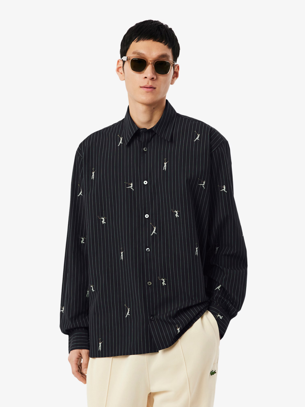 LACOSTE Relaxed Fit Embroidered Cotton Shirt Black