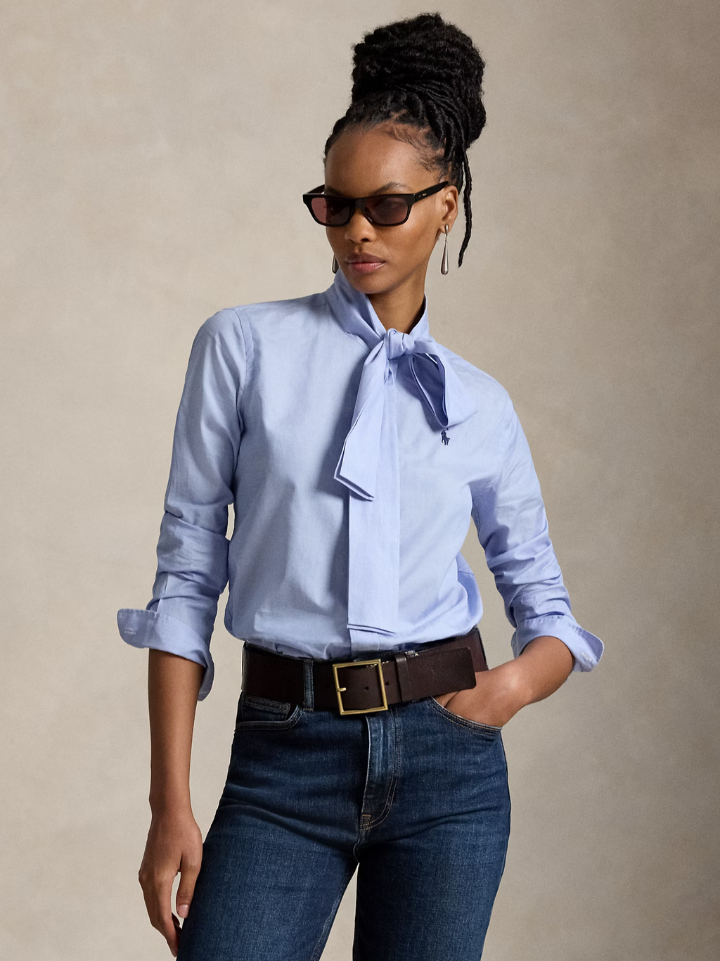 RALPH LAUREN WOMEN Slim Fit Cotton Tie-Neck Shirt Medium Blue
