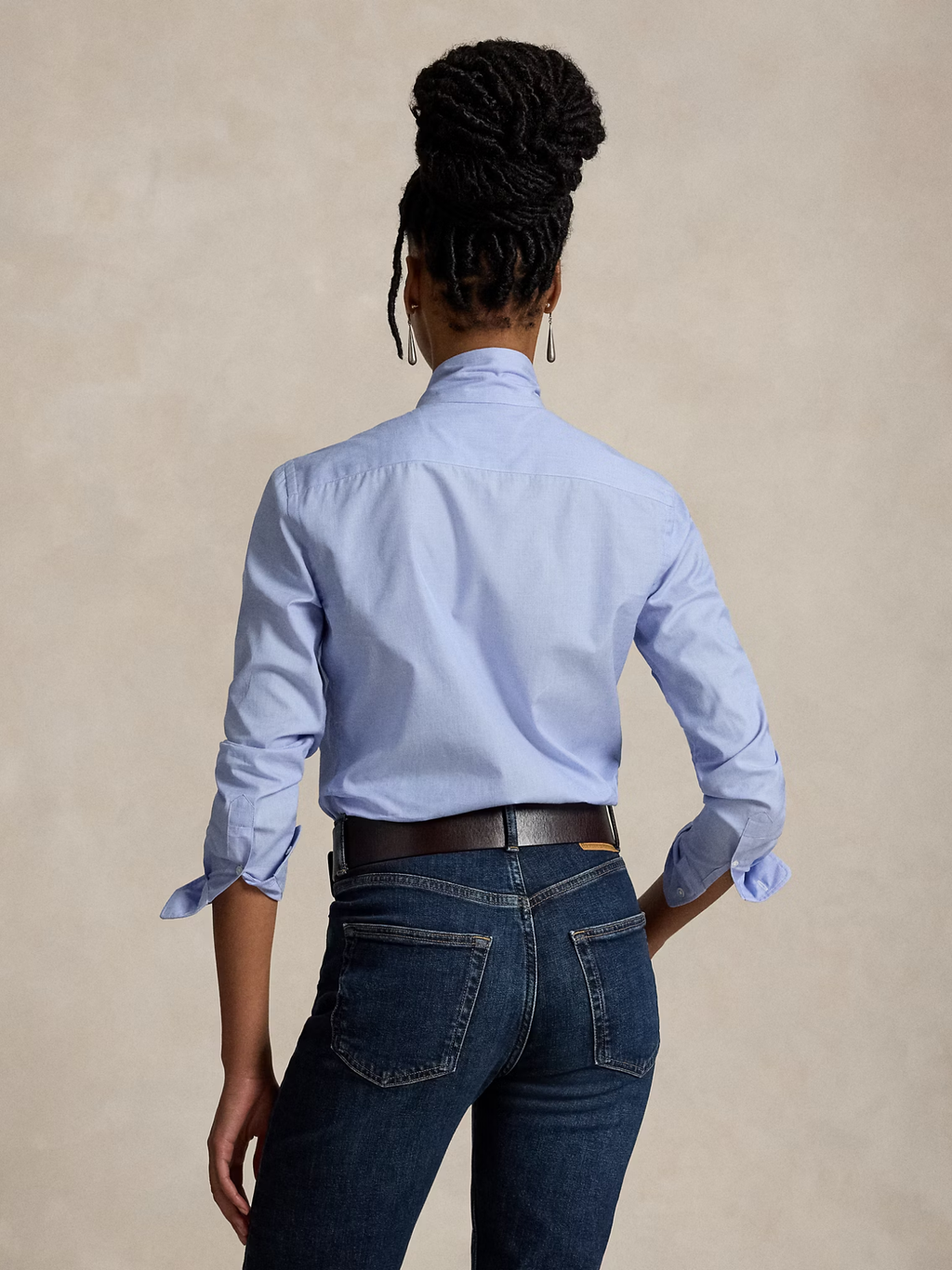 RALPH LAUREN WOMEN Slim Fit Cotton Tie-Neck Shirt Medium Blue