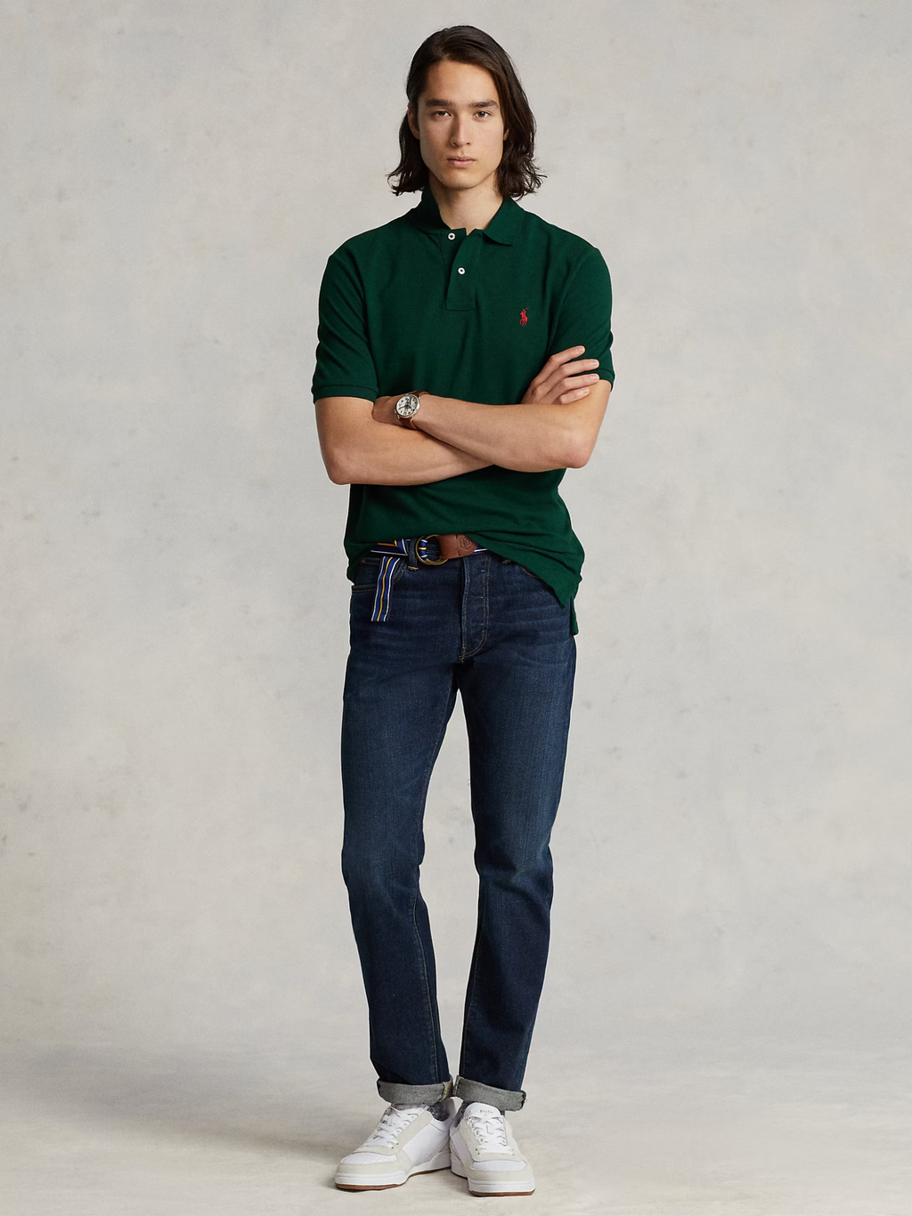 RALPH LAUREN Slim Fit Mesh Polo Shirt College Green