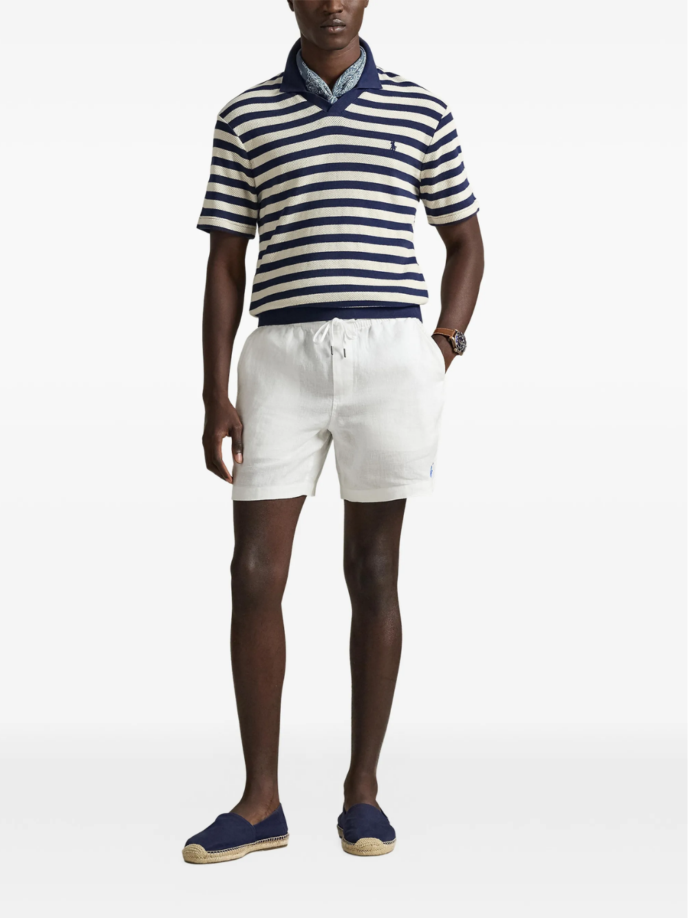 RALPH LAUREN Striped Pointelle-Ribbed Polo Shirt Newport Navy/Cream