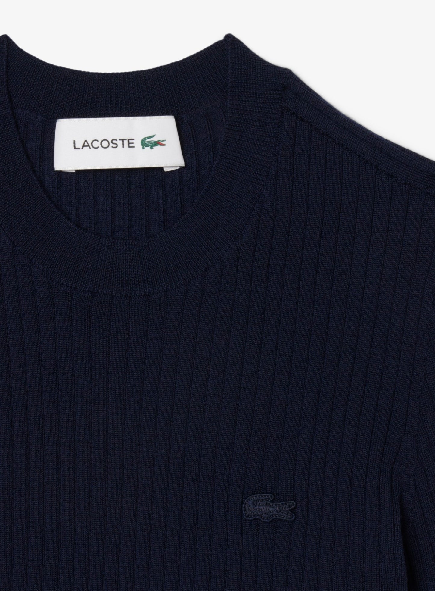 LACOSTE WOMEN Short Sleeved Merino Wool Rib Knit Sweater Midnight Blue