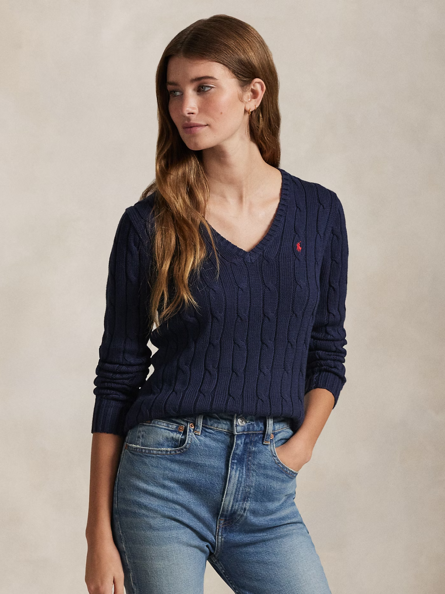 RALPH LAUREN WOMEN Cable-Knit Cotton V-Neck Jumper Hunter Navy