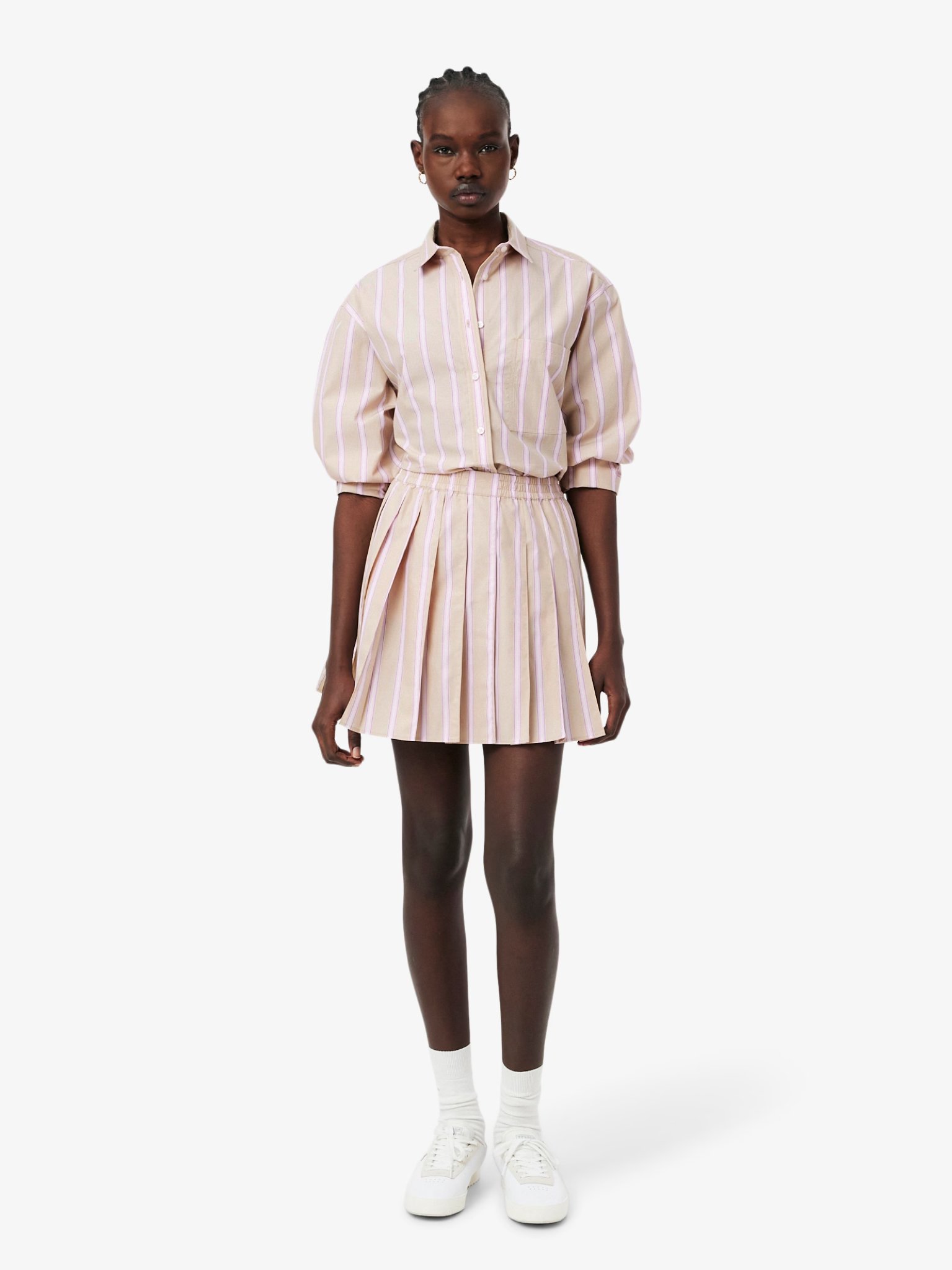 LACOSTE WOMEN Poplin Short Striped Pleated Skirt Beige/Pink