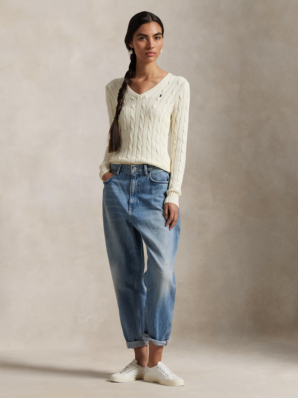 RALPH LAUREN WOMEN Cable-Knit Cotton V-Neck Jumper Cream