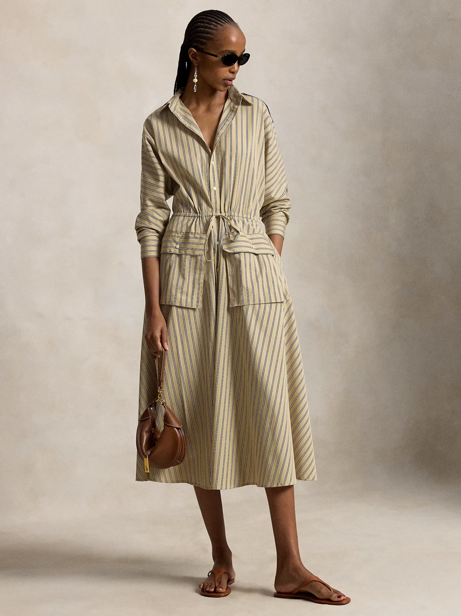 RALPH LAUREN WOMEN Striped Cotton Canvas Utility Shirt Dress Tan Royal Multi