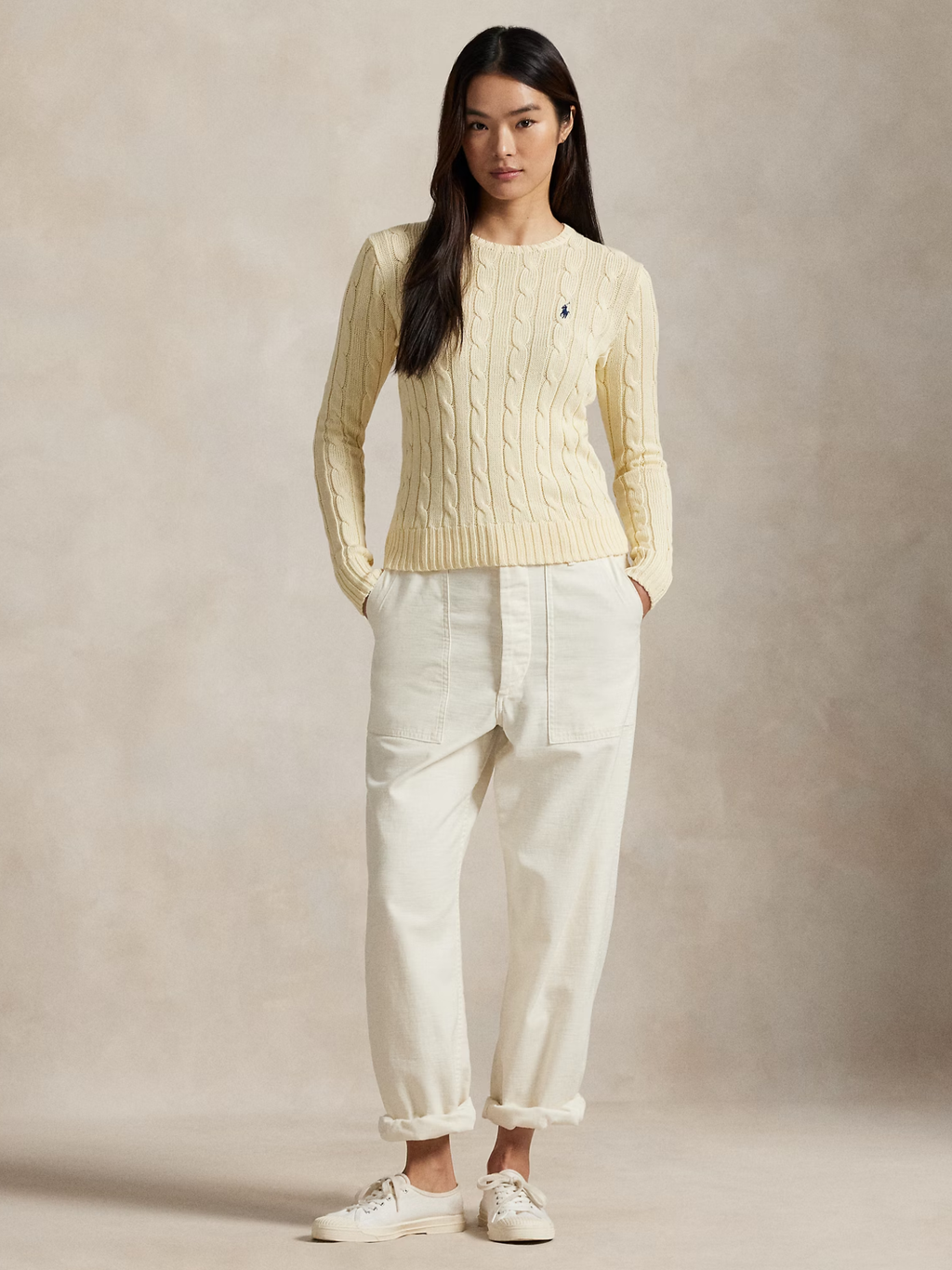 RALPH LAUREN WOMEN Cable-Knit Cotton Crewneck Jumper Cream