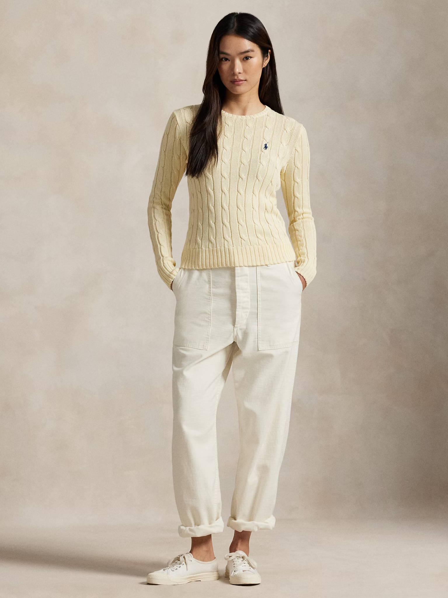 RALPH LAUREN WOMEN Cable-Knit Cotton Crewneck Jumper Cream