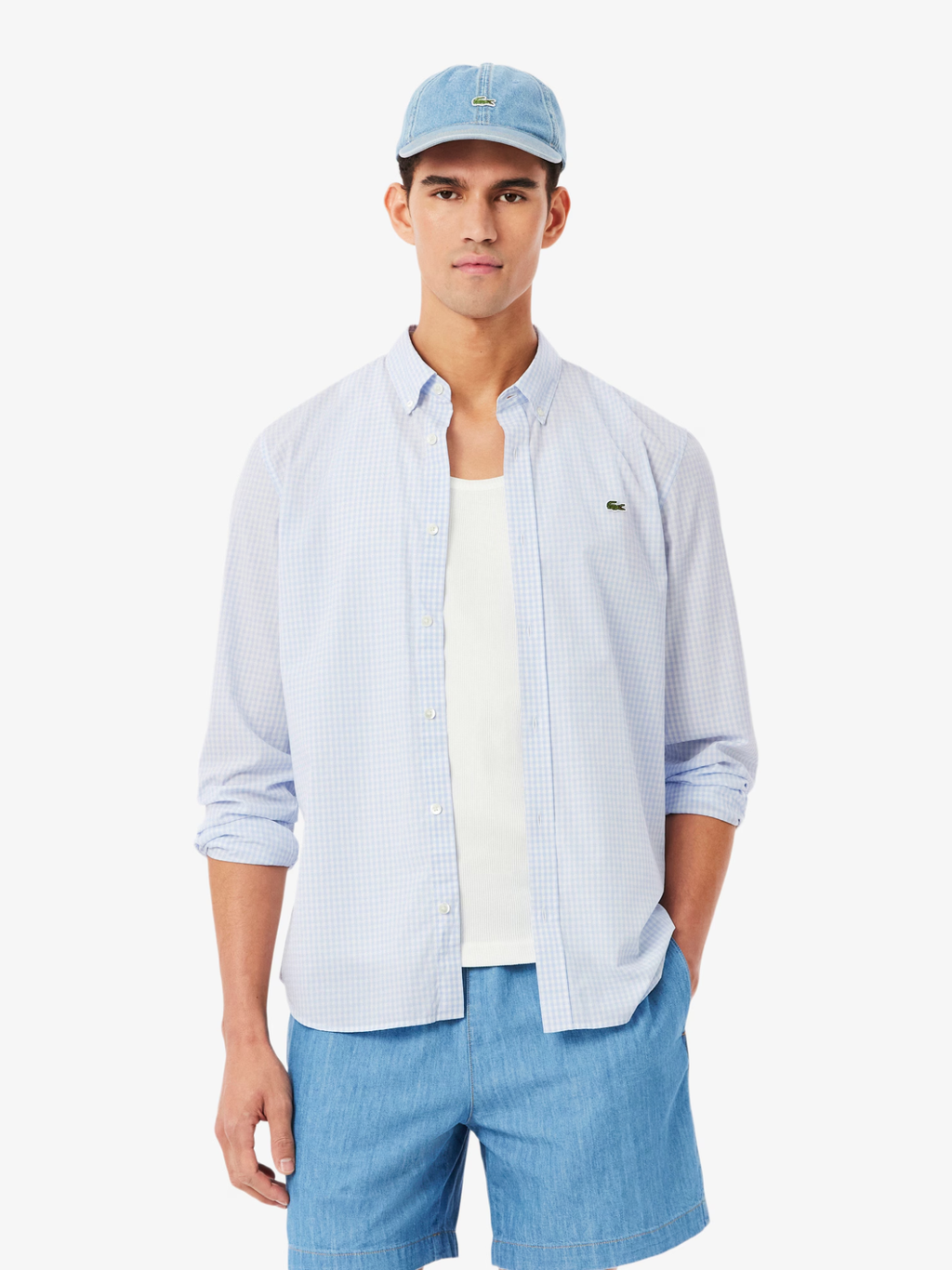 LACOSTE Regular Fit Lightweight Poplin Plaid Shirt White/Light Blue