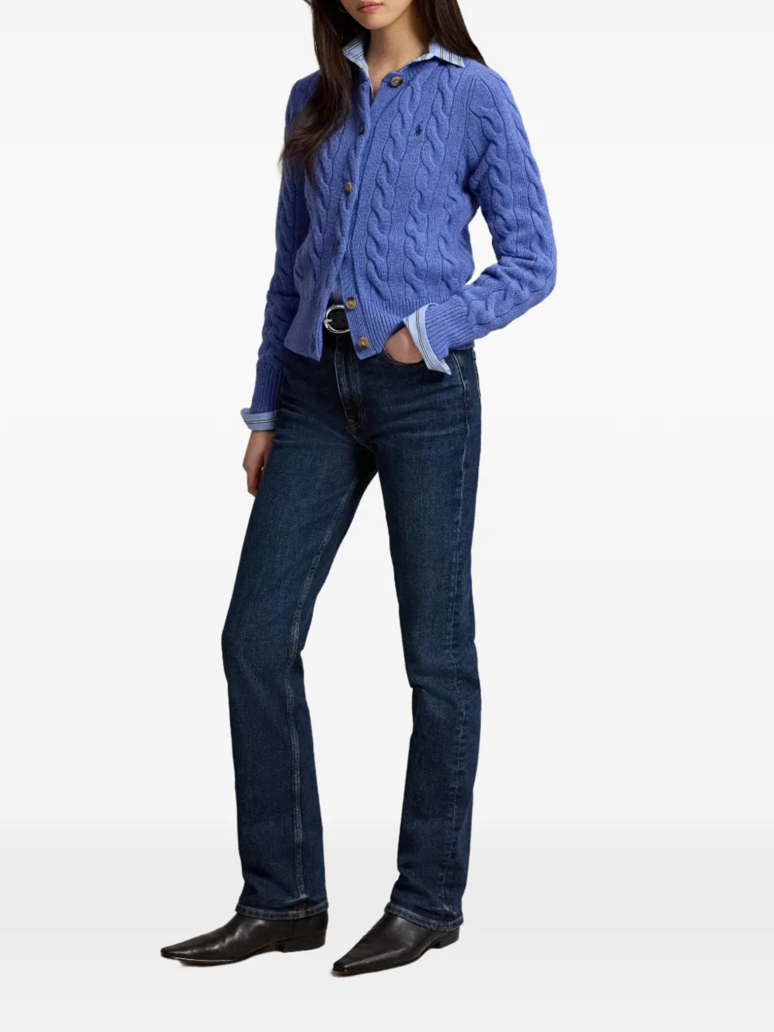 RALPH LAUREN WOMEN Cable-knit Wool Cashmere Cardigan Dockside Blue Heather
