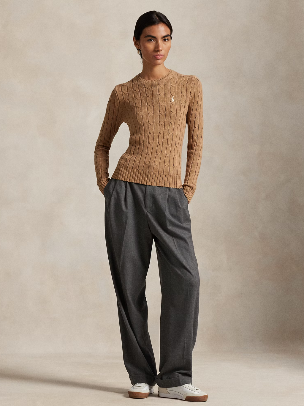 RALPH LAUREN WOMEN Cable-Knit Cotton Crewneck Jumper Collection Camel Melange