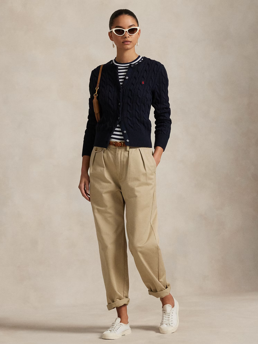 RALPH LAUREN WOMEN Cable-Knit Cotton Crewneck Cardigan Hunter Navy