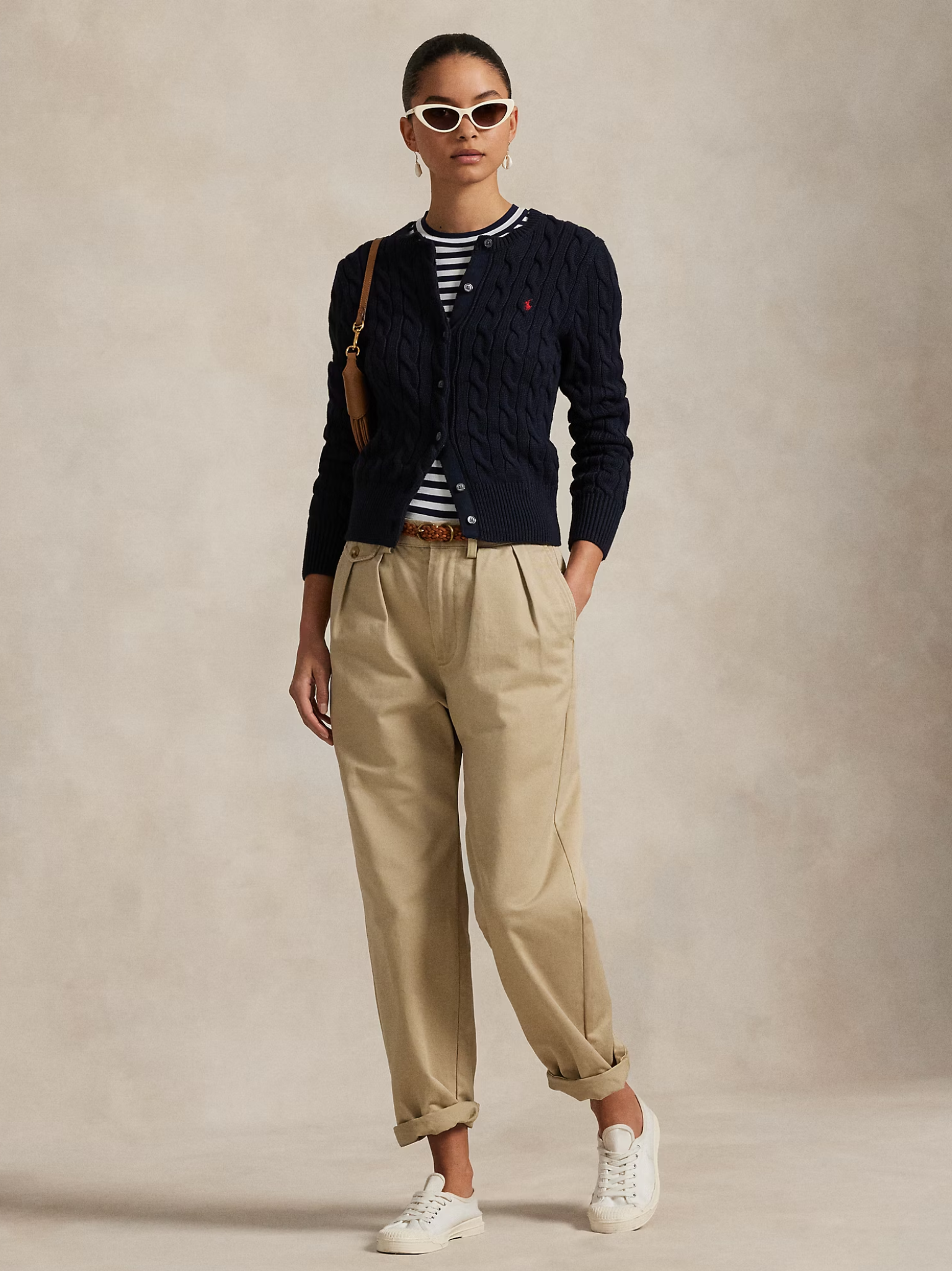 RALPH LAUREN WOMEN Cable-Knit Cotton Crewneck Cardigan Hunter Navy