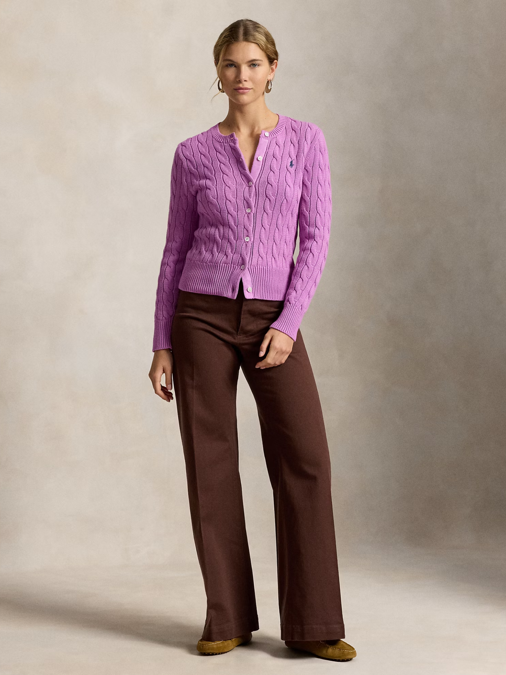 RALPH LAUREN WOMEN Cable-knit Cotton Crewneck Cardigan Thistle Pink